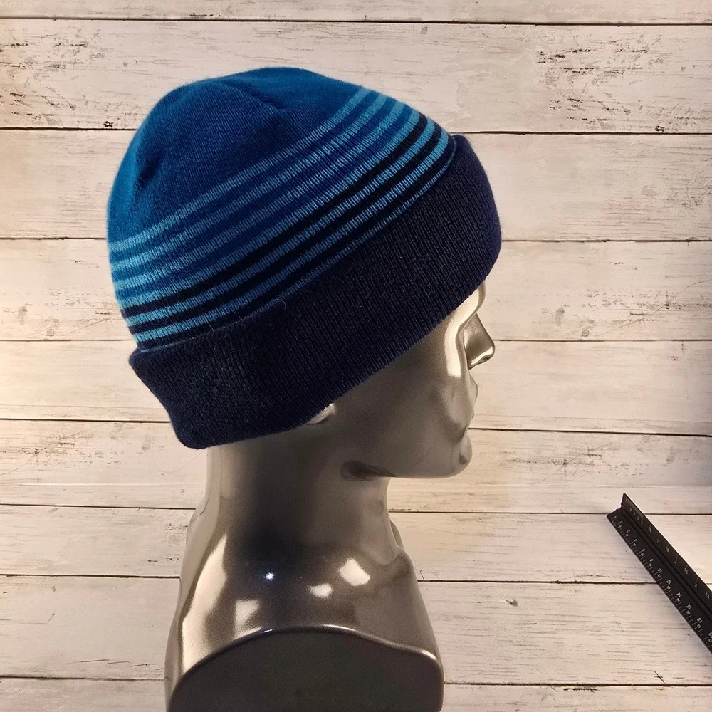 Nike Youth Beanie Blue Striped Cuffed Knit Hat Embroidered Logo 2945-U9J-321